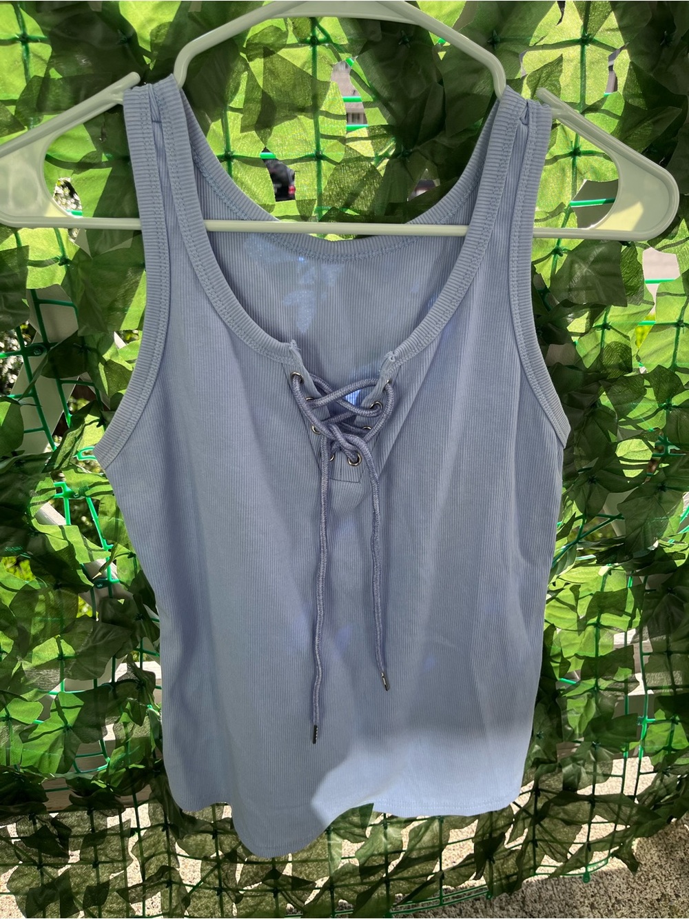 Lace-Up Ribbed Tank Top - Light Blue